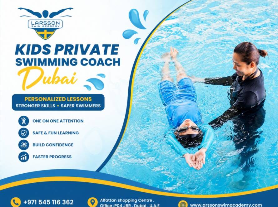 Kids learning swimming with a private swimming coach in Dubai pool