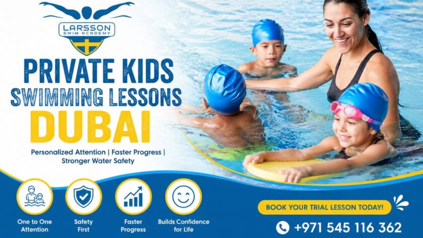 Professional coach teaching private kids swimming lessons Dubai in a safe swimming pool environment