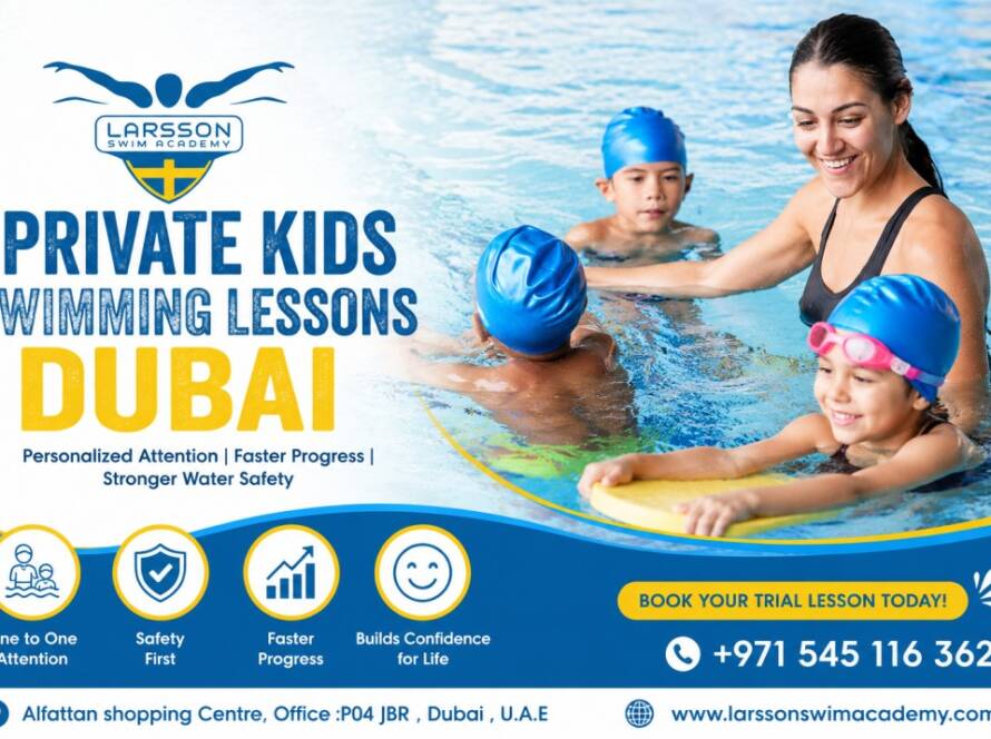 Professional coach teaching private kids swimming lessons Dubai in a safe swimming pool environment