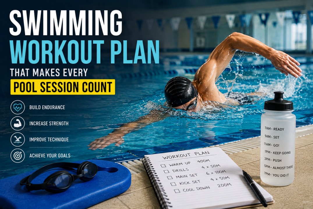 Professional swimmers following a swimming workout plan in a modern training pool