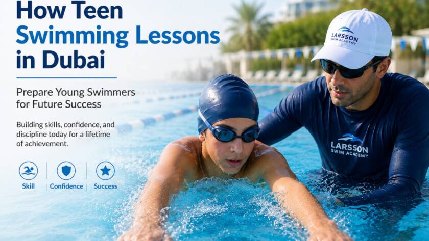 Teen swimmers practicing professional swimming techniques in a modern Dubai swimming academy