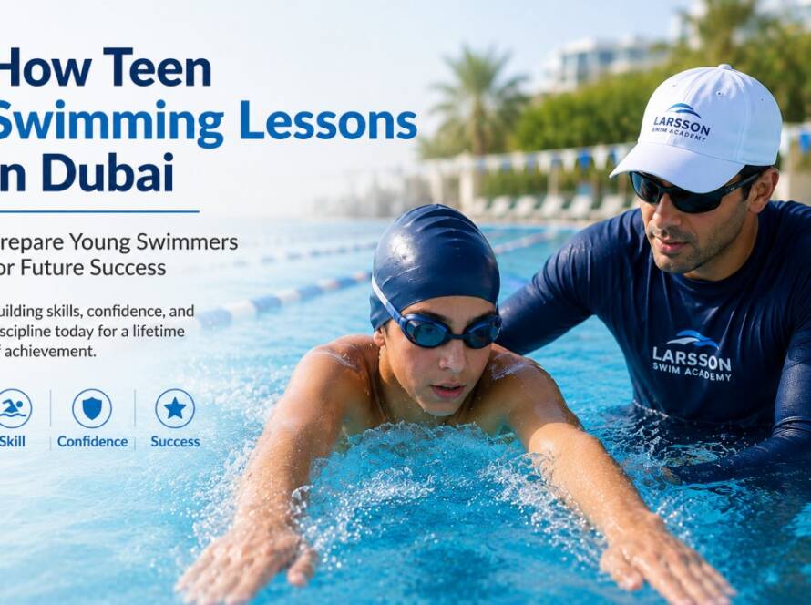 Teen swimmers practicing professional swimming techniques in a modern Dubai swimming academy
