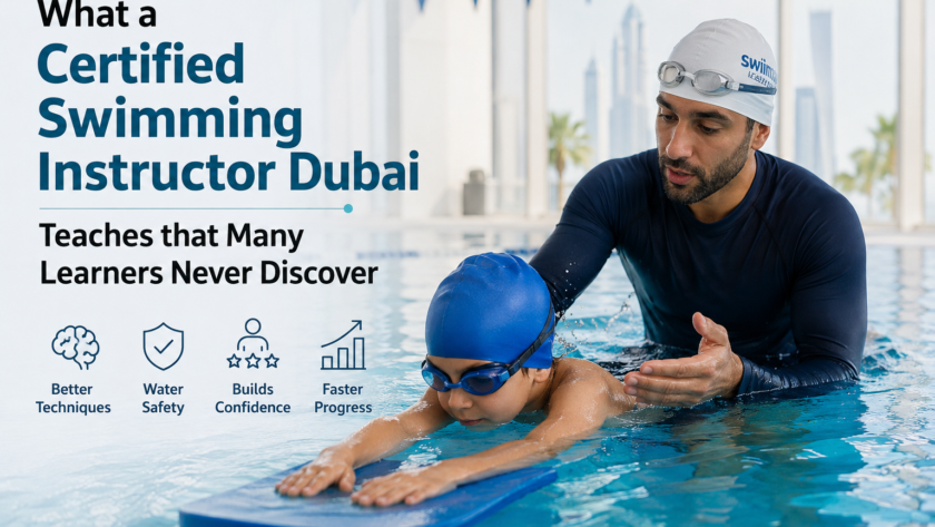 Certified swimming instructor Dubai teaching swimming techniques to children and adults in a professional pool environment