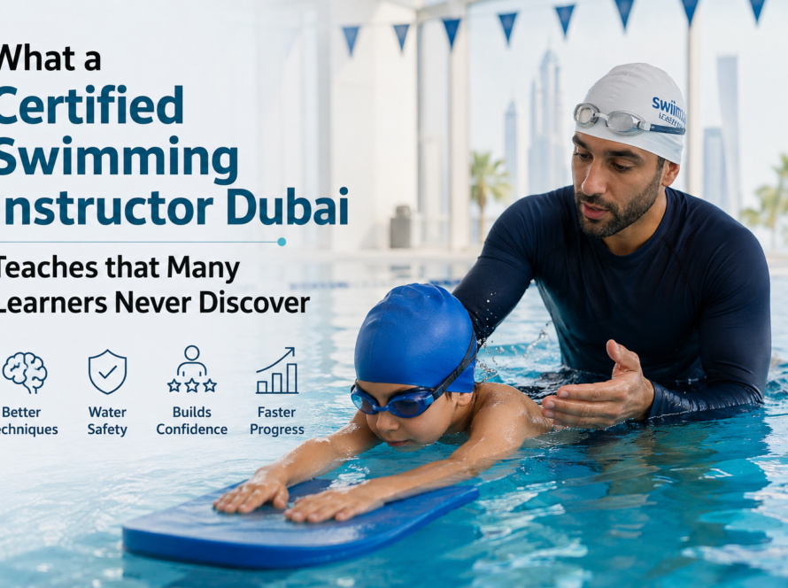 Certified swimming instructor Dubai teaching swimming techniques to children and adults in a professional pool environment