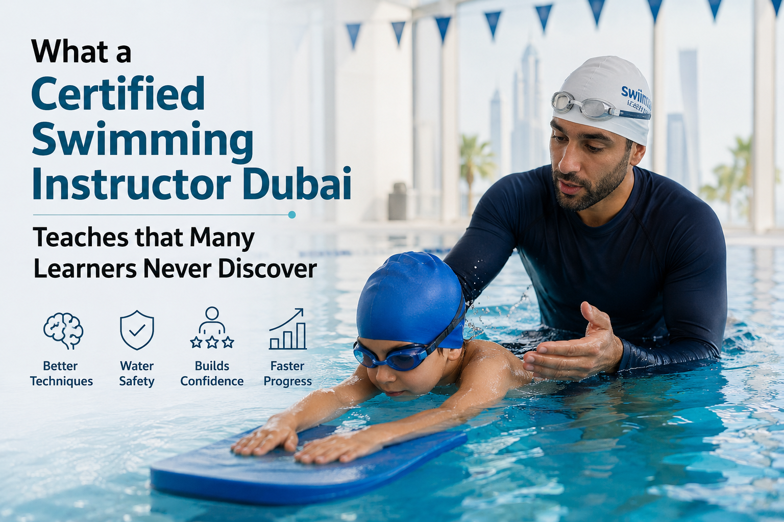 Certified swimming instructor Dubai teaching swimming techniques to children and adults in a professional pool environment