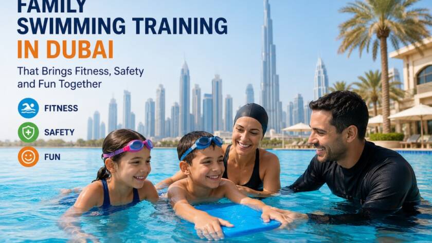 Family swimming training in Dubai with parents and children learning swimming together in a modern pool