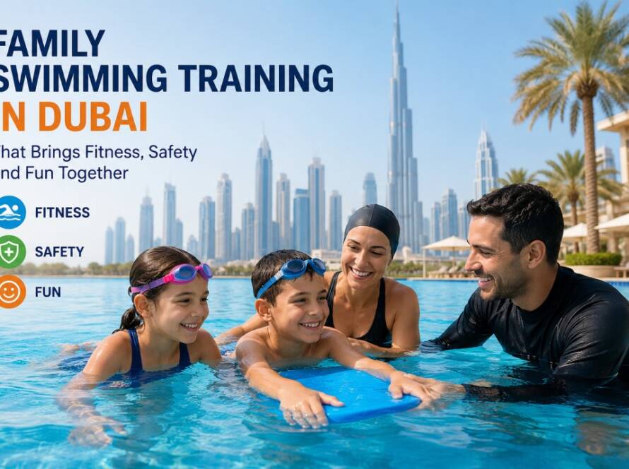 Family swimming training in Dubai with parents and children learning swimming together in a modern pool