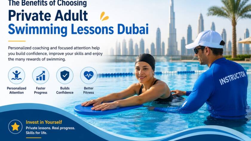 Adult swimmer receiving personalized coaching during private adult swimming lessons Dubai
