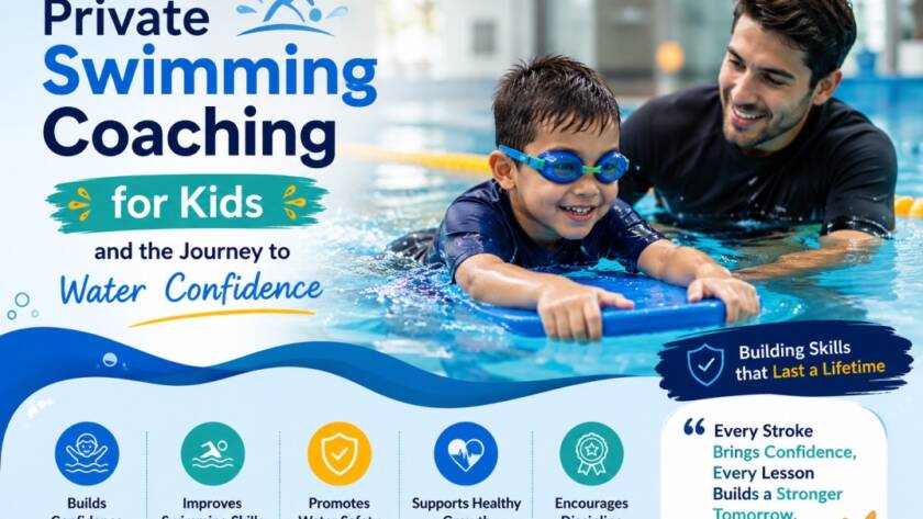 Private swimming coaching for kids learning water safety and swimming skills with a professional instructor