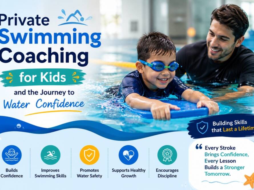 Private swimming coaching for kids learning water safety and swimming skills with a professional instructor
