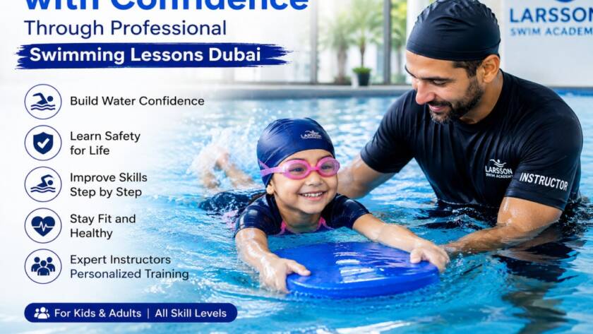Professional swimming lessons Dubai with certified instructors guiding swimmers in a modern swimming pool