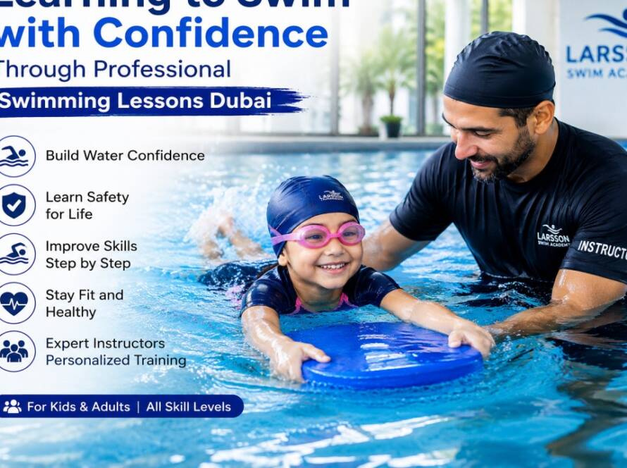 Professional swimming lessons Dubai with certified instructors guiding swimmers in a modern swimming pool