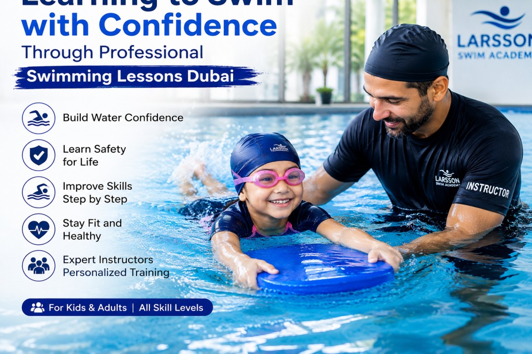 Professional swimming lessons Dubai with certified instructors guiding swimmers in a modern swimming pool