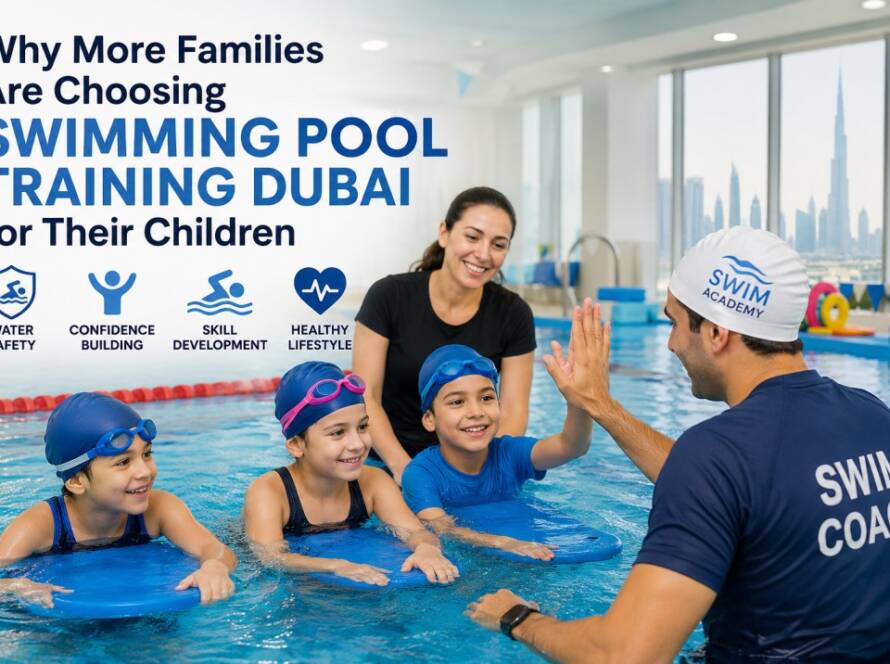 Children and adults participating in swimming pool training Dubai with professional swim coaches