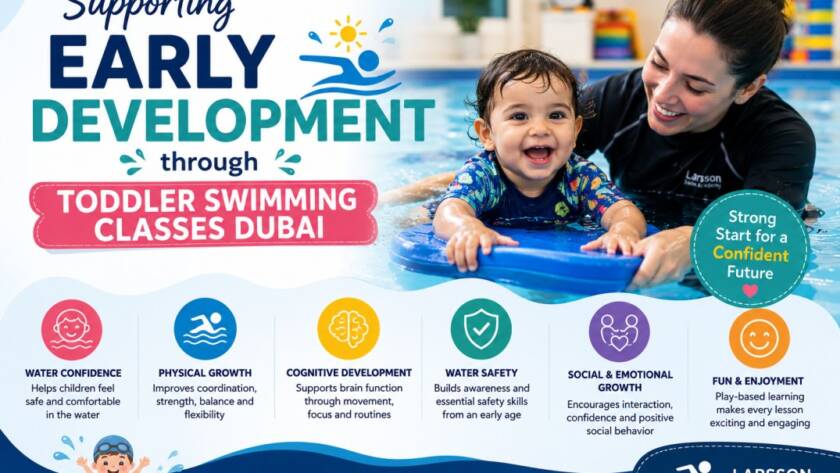 Toddler swimming classes Dubai with young children learning water confidence and swimming skills in a safe pool environment