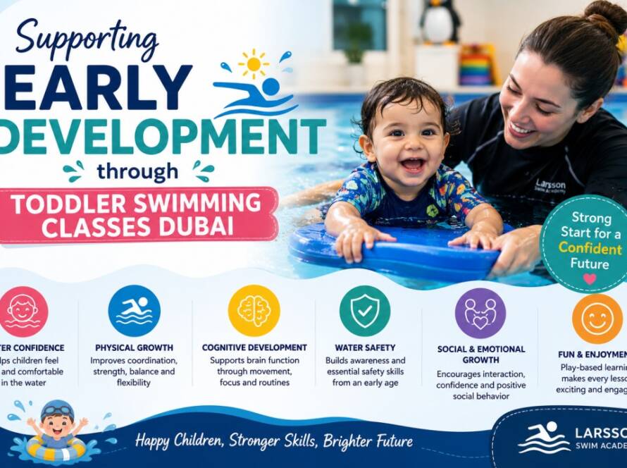 Toddler swimming classes Dubai with young children learning water confidence and swimming skills in a safe pool environment